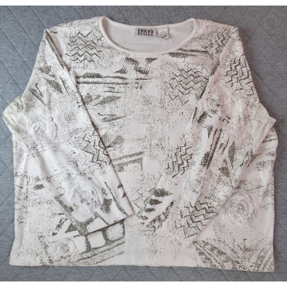 Chico's Design Top Women 2 White Abstract Floral Rosette Long Sleeve Stains